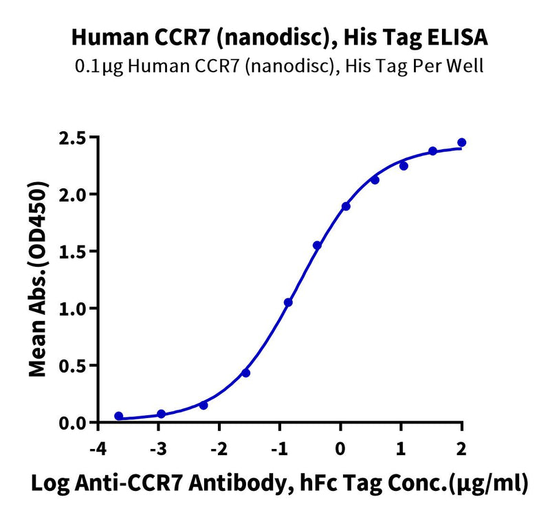 Immobilized Human CCR7 (Nanodisc), His Tag at 1ug/ml (100ul/well) on the plate. Dose response curve for Anti-CCR7 Antibody, hFc Tag with the EC50 of 0.21ug/ml determined by ELISA (QC Test).Recombinant Human CCR7 Protein-Nanodisc, Active