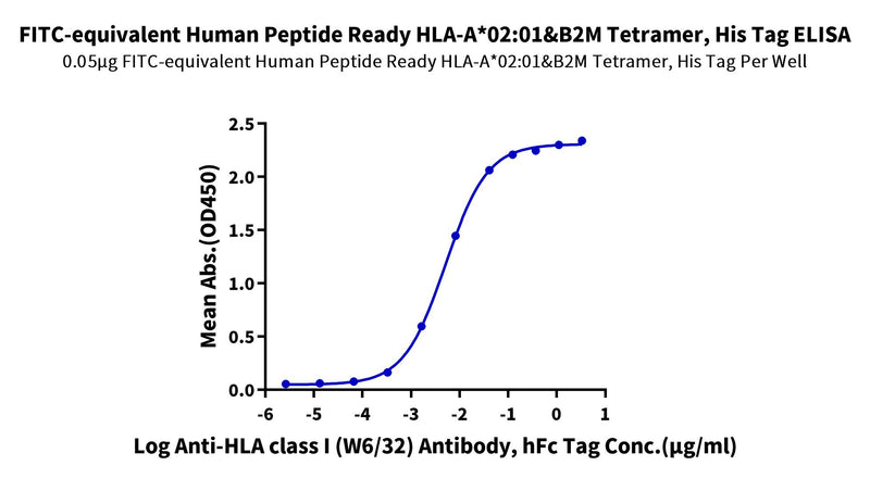 Immobilized FITC-equivalent Human Peptide Ready HLA-A*02:01&B2M Tetramer, His Tag at 0.5ug/ml (100ul/well) on the plate. Dose response curve for Anti-HLA class I (W6/32) Antibody, hFc Tag with the EC50 of 5.1ng/ml determined by ELISA.Recombinant FITC-equivalent Human Peptide Ready HLA-A*02:01&B2M Tetramer Protein, Active