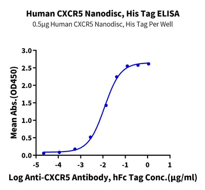 Immobilized Human CXCR5 Nanodisc, His Tag at 5ug/ml(100ul/well) on the plate. Dose response curve for Anti-CXCR5 Antibody, hFc Tag with the EC50 of 11.7ng/ml determined by ELISA (QC Test).Recombinant Human CXCR5 Nanodisc, Active
