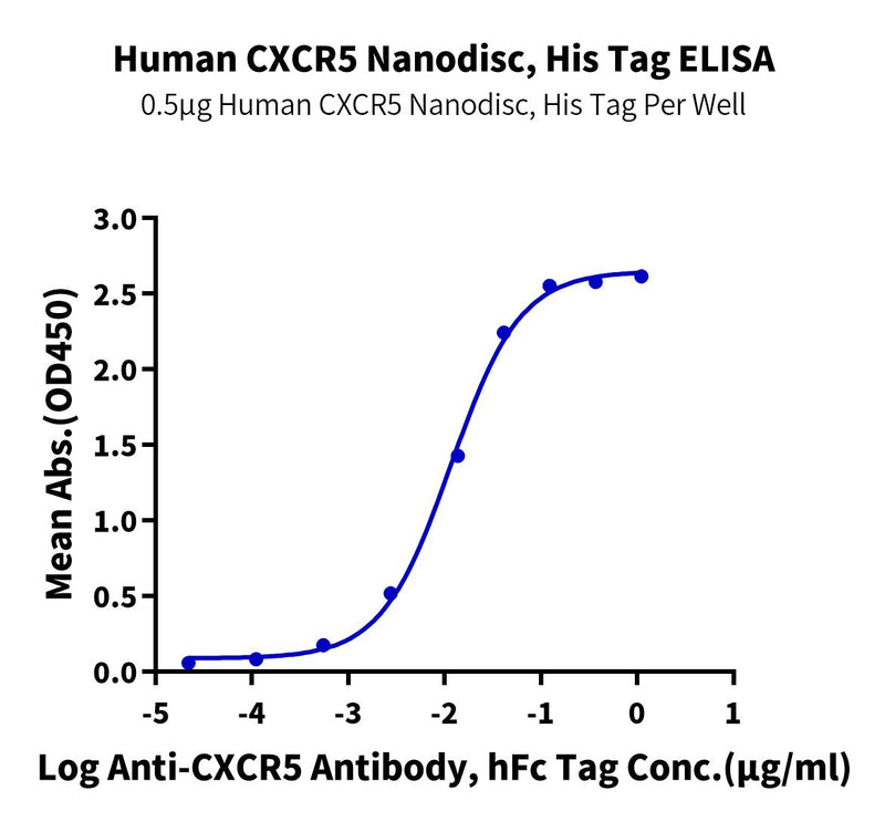 Immobilized Human CXCR5 Nanodisc, His Tag at 5ug/ml(100ul/well) on the plate. Dose response curve for Anti-CXCR5 Antibody, hFc Tag with the EC50 of 11.7ng/ml determined by ELISA (QC Test).Recombinant Human CXCR5 Nanodisc, Active