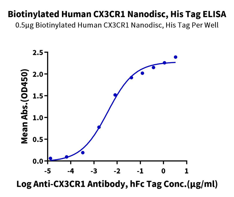 Immobilized Biotinylated Human CX3CR1 Nanodisc, His Tag at 5ug/ml (100ul/well) on the streptavidin precoated plate (5ug/ml). Dose response curve for Anti-CX3CR1 Antibody, hFc Tag with the EC50 of 4.0ng/ml determined by ELISA (QC Test).Biotinylated Human CX3CR1 Nanodisc, Active