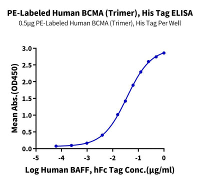 Immobilized PE-Labeled Human BCMA (Trimer), His Tag at 5ug/ml(100ul/well) on the plate. Dose response curve for Human BAFF, hFc Tag with the EC50 of 35.6ng/ml determined by ELISA.Recombinant PE-Labeled Human BCMA/TNFRSF17 Trimer Protein, Active