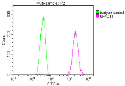 Overlay Peak curve showing U251 cells stained with TSG101 Monoclonal Antibody (red line) at 1:100. The cells were incubated in 10% normal goat serum to block non-specific protein-protein interactions followed by the antibody (1µg/1*106cells) for 1h at 4°C. The secondary antibody used was FITC-conjugated Goat Anti-Mouse IgG(H+L) at 1/100 dilution for 30min at 4°C. Isotype control antibody (green line) was mouse IgG1 (1µg/1*106cells) used under the same conditions. Acquisition of >10,000 events was performed.Mouse anti-Human TSG101 Monoclonal antibody