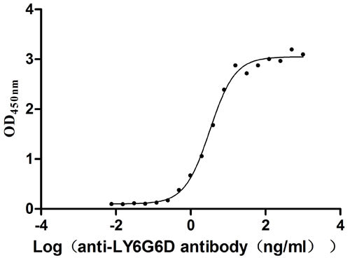 The Binding Activity of LY6G6D with anti-LY6G6D antibodyActivity: Measured by its binding ability in a functional ELISA. Immobilized Human LY6G6D(the antibody at 2 μg/mL can bind Anti-LY6G6D recombinant antibody, the EC50 is 2.816-3.741 ng/mL.LY6G6D Recombinant Monoclonal Antibody