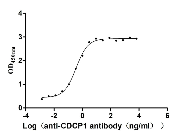 The Binding Activity of Human CDCP1 with Anti-CDCP1 recombinant antibodyActivity: Measured by its binding ability in a functional ELISA. Immobilized Human CDCP1 (the antibody at 2 μg/mL can bind Anti-CDCP1 recombinant antibody, the EC50 is 0.2943-0.4429 ng/mL.