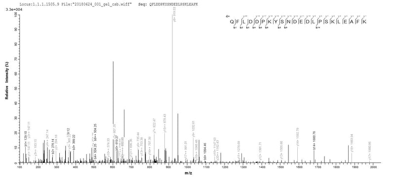 Based on the SEQUEST from database of E.coli host and target protein, the LC-MS/MS Analysis result of this product could indicate that this peptide derived from E.coli-expressed Mus musculus (Mouse) Aif1.Recombinant Mouse Allograft Inflammatory Factor 1 (AIF1) Protein (His)
