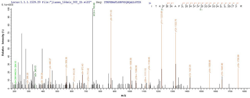 Based on the SEQUEST from database of E.coli host and target protein, the LC-MS/MS Analysis result of this product could indicate that this peptide derived from E.coli-expressed Homo sapiens (Human) ATP5A1.Recombinant Human Atp Synthase Subunit Alpha, Mitochondrial (ATP5F1A) Protein (His-SUMO)