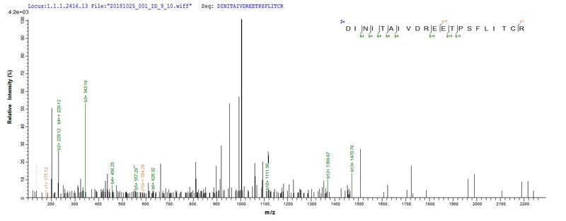 Based on the SEQUEST from database of E.coli host and target protein, the LC-MS/MS Analysis result of this product could indicate that this peptide derived from E.coli-expressed Homo sapiens (Human) DSG3.Recombinant Human Desmoglein-3 (DSG3) Protein (His)