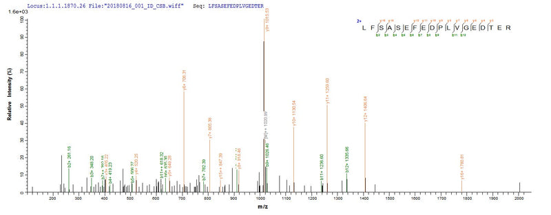 Based on the SEQUEST from database of E.coli host and target protein, the LC-MS/MS Analysis result of this product could indicate that this peptide derived from E.coli-expressed Homo sapiens (Human) FDFT1.Recombinant Human Squalene Synthase (FDFT1) Protein (His)