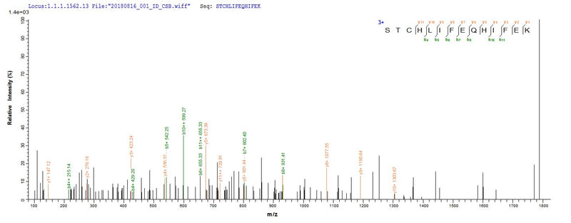 Based on the SEQUEST from database of E.coli host and target protein, the LC-MS/MS Analysis result of this product could indicate that this peptide derived from E.coli-expressed Bos taurus (Bovine) FDX1.Recombinant Bovine Adrenodoxin, Mitochondrial (FDX1) Protein (His)