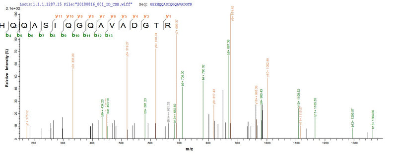 Based on the SEQUEST from database of E.coli host and target protein, the LC-MS/MS Analysis result of this product could indicate that this peptide derived from E.coli-expressed Mus musculus (Mouse) Golm1.Recombinant Mouse Golgi Membrane Protein 1 (GOLM1) Protein (His-SUMO)