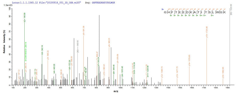 Based on the SEQUEST from database of E.coli host and target protein, the LC-MS/MS Analysis result of this product could indicate that this peptide derived from E.coli-expressed Homo sapiens (Human) HBG2.