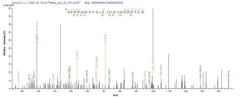 Based on the SEQUEST from database of E.coli host and target protein, the LC-MS/MS Analysis result of this product could indicate that this peptide derived from E.coli-expressed Homo sapiens (Human) LAG3.Recombinant Human Lymphocyte Activation Gene 3 Protein (LAG3) Protein (His-GST)