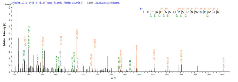 Based on the SEQUEST from database of E.coli host and target protein, the LC-MS/MS Analysis result of this product could indicate that this peptide derived from E.coli-expressed Homo sapiens (Human) O95822.Recombinant Human Malonyl-Coa Decarboxylase, Mitochondrial (MLYCD) Protein (His&Myc)