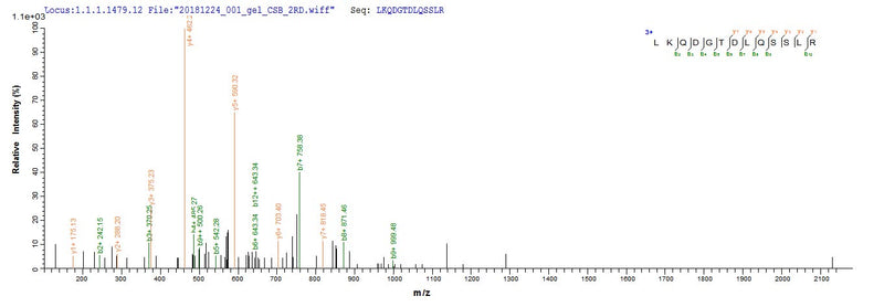 Based on the SEQUEST from database of E.coli host and target protein, the LC-MS/MS Analysis result of this product could indicate that this peptide derived from E.coli-expressed Mus musculus (Mouse) Pcnt.