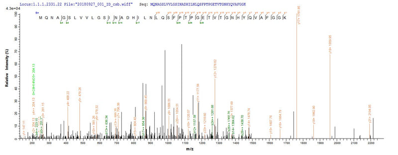 Based on the SEQUEST from database of E.coli host and target protein, the LC-MS/MS Analysis result of this product could indicate that this peptide derived from E.coli-expressed Escherichia coli (strain K12) rbsK.Recombinant E.Coli Ribokinase (RBSK) Protein (His)