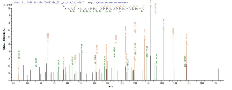 Based on the SEQUEST from database of E.coli host and target protein, the LC-MS/MS Analysis result of this product could indicate that this peptide derived from E.coli-expressed Homo sapiens (Human) RBFOX2.