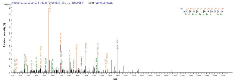 Based on the SEQUEST from database of E.coli host and target protein, the LC-MS/MS Analysis result of this product could indicate that this peptide derived from E.coli-expressed Mus musculus (Mouse) Retn.Recombinant Mouse Resistin (RETN) Protein (His)