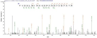Based on the SEQUEST from database of E.coli host and target protein, the LC-MS/MS Analysis result of this product could indicate that this peptide derived from E.coli-expressed Drosophila melanogaster (Fruit fly) RpS3.