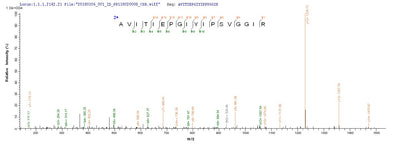 Based on the SEQUEST from database of E.coli host and target protein, the LC-MS/MS Analysis result of this product could indicate that this peptide derived from E.coli-expressed Mycoplasma pneumoniae (strain ATCC 29342 / M129) pepP.