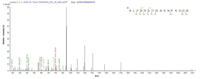 Based on the SEQUEST from database of E.coli host and target protein, the LC-MS/MS Analysis result of this product could indicate that this peptide derived from E.coli-expressed Staphylococcus aureus aur.Recombinant Staphylococcus Aureus Zinc Metalloproteinase Aureolysin (AUR) Protein (His&Myc)