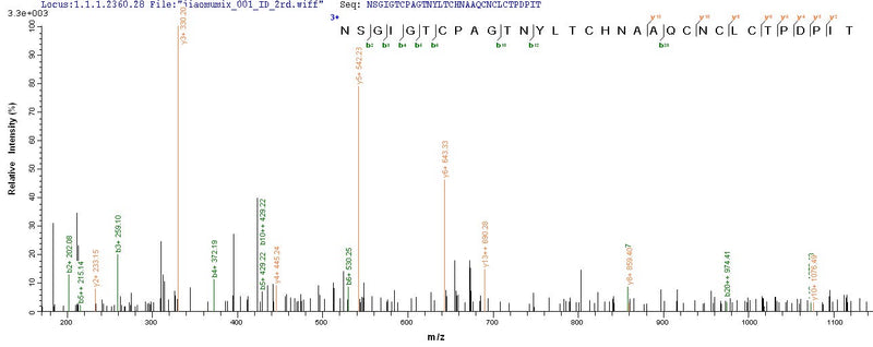 Based on the SEQUEST from database of E.coli host and target protein, the LC-MS/MS Analysis result of this product could indicate that this peptide derived from E.coli-expressed Bovine coronavirus (strain Mebus) (BCoV) (BCV) S.Recombinant Bovine Coronavirus Spike Glycoprotein (S) Protein (His)