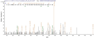 Based on the SEQUEST from database of E.coli host and target protein, the LC-MS/MS Analysis result of this product could indicate that this peptide derived from E.coli-expressed Crimean-Congo hemorrhagic fever virus (isolate C68031) (CCHFV) N.Recombinant Crimean-Congo Hemorrhagic Fever Virus Nucleoprotein (N) Protein (His-B2M)