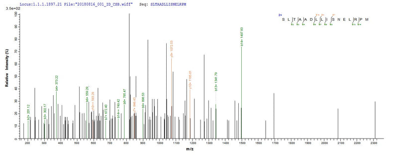 Based on the SEQUEST from database of E.coli host and target protein, the LC-MS/MS Analysis result of this product could indicate that this peptide derived from E.coli-expressed Clostridium acetobutylicum (strain ATCC 824 / DSM 792 / JCM 1419 / LMG 5710 / VKM B-1787) ctfB.Recombinant Clostridium Acetobutylicum Butyrate--Acetoacetate Coa-Transferase Subunit B (CTFB) Protein (His&Myc)