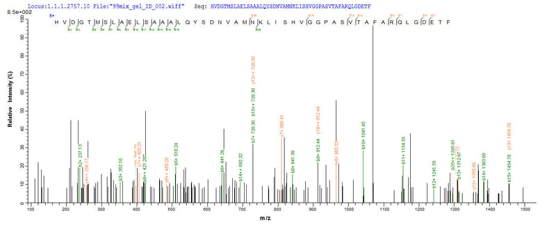 Based on the SEQUEST from database of E.coli host and target protein, the LC-MS/MS Analysis result of this product could indicate that this peptide derived from E.coli-expressed Escherichia coli bla.Recombinant E.Coli Beta-Lactamase Ctx-M-1 (BLA) Protein (His)