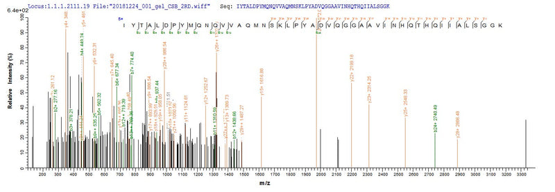 Based on the SEQUEST from database of E.coli host and target protein, the LC-MS/MS Analysis result of this product could indicate that this peptide derived from E.coli-expressed Bacillus subtilis (strain 168) pbpD.Recombinant Bacillus Subtilis Penicillin-Binding Protein 4 (PBPD) Protein (His-SUMO)