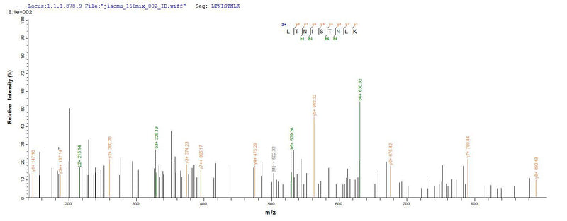 Based on the SEQUEST from database of E.coli host and target protein, the LC-MS/MS Analysis result of this product could indicate that this peptide derived from E.coli-expressed Mannheimia haemolytica (Pasteurella haemolytica) lktA.Recombinant Mannheimia Haemolytica Leukotoxin (LKTA) Protein (His&Myc)