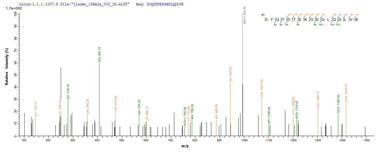 Based on the SEQUEST from database of E.coli host and target protein, the LC-MS/MS Analysis result of this product could indicate that this peptide derived from E.coli-expressed Mannheimia haemolytica (Pasteurella haemolytica) lktA.Recombinant Mannheimia Haemolytica Leukotoxin (LKTA) Protein (His&Myc)