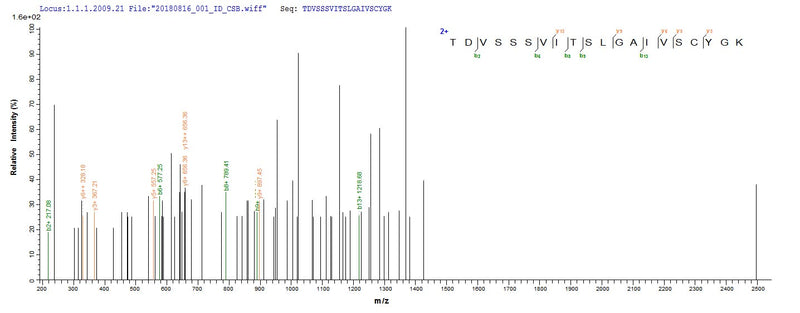 Based on the SEQUEST from database of E.coli host and target protein, the LC-MS/MS Analysis result of this product could indicate that this peptide derived from E.coli-expressed Human respiratory syncytial virus A (strain A2) F.Recombinant Human Respiratory Syncytial Virus A Fusion Glycoprotein F0 (F) Protein (His)