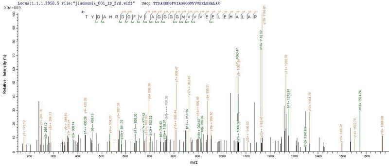 Based on the SEQUEST from database of E.coli host and target protein, the LC-MS/MS Analysis result of this product could indicate that this peptide derived from E.coli-expressed Escherichia coli (strain K12) fabB.