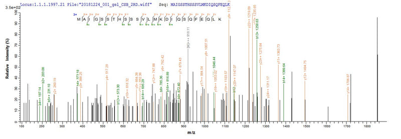Based on the SEQUEST from database of E.coli host and target protein, the LC-MS/MS Analysis result of this product could indicate that this peptide derived from E.coli-expressed Influenza B virus (strain B/Yamagata/1/1973) NS.Recombinant Influenza B Virus Nuclear Export Protein (NS) Protein (His&Myc)