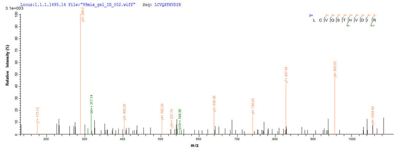 Based on the SEQUEST from database of E.coli host and target protein, the LC-MS/MS Analysis result of this product could indicate that this peptide derived from E.coli-expressed Homo sapiens (Human) E7.Recombinant Human Papillomavirus Type 16 Protein E7 (E7) Protein (His)