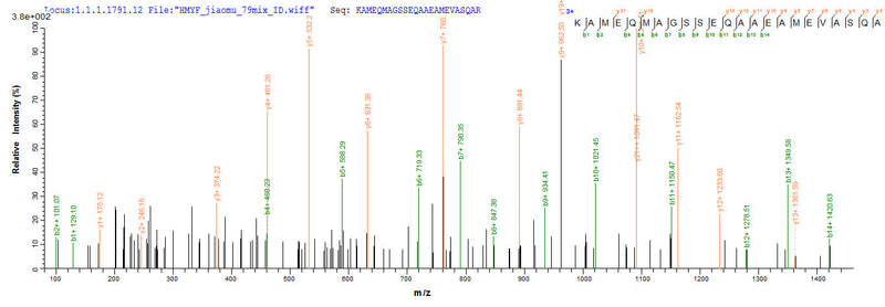 Based on the SEQUEST from database of E.coli host and target protein, the LC-MS/MS Analysis result of this product could indicate that this peptide derived from E.coli-expressed Influenza A virus (strain A/USA:Iowa/1943 H1N1) M.Recombinant Influenza A Virus Matrix Protein 1 (M) Protein (His&Myc)