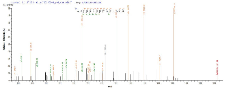 Based on the SEQUEST from database of E.coli host and target protein, the LC-MS/MS Analysis result of this product could indicate that this peptide derived from E.coli-expressed Giardia intestinalis (strain ATCC 50803 / WB clone C6) (Giardia lamblia) GL50803_103887.