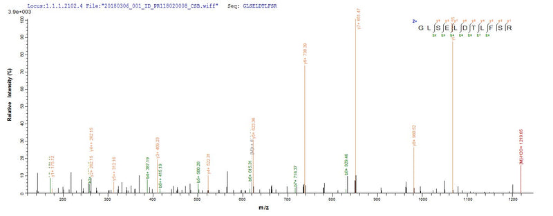 Based on the SEQUEST from database of E.coli host and target protein, the LC-MS/MS Analysis result of this product could indicate that this peptide derived from E.coli-expressed Human cytomegalovirus (strain Merlin) (HHV-5) (Human herpesvirus 5) UL111A.