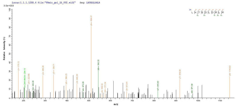 Based on the SEQUEST from database of E.coli host and target protein, the LC-MS/MS Analysis result of this product could indicate that this peptide derived from E.coli-expressed Drosophila melanogaster (Fruit fly) lush.Recombinant Drosophila Melanogaster General Odorant-Binding Protein Lush (LUSH) Protein (His&Myc)
