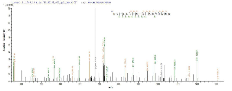 Based on the SEQUEST from database of E.coli host and target protein, the LC-MS/MS Analysis result of this product could indicate that this peptide derived from E.coli-expressed Clostridium botulinum (strain Okra / Type B1) botB.Recombinant Clostridium Botulinum Botulinum Neurotoxin Type B (BOTB) Protein (His&Myc)