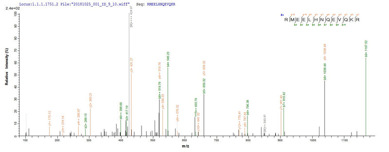 Based on the SEQUEST from database of E.coli host and target protein, the LC-MS/MS Analysis result of this product could indicate that this peptide derived from E.coli-expressed Homo sapiens (Human) NONO.Recombinant Human Non-Pou Domain-Containing Octamer-Binding Protein (NONO) Protein (His)
