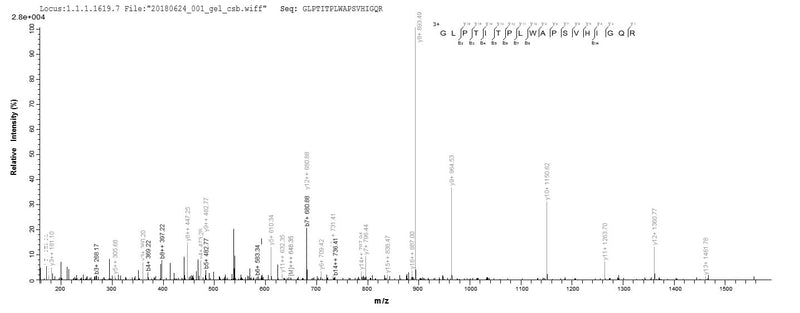 Based on the SEQUEST from database of E.coli host and target protein, the LC-MS/MS Analysis result of this product could indicate that this peptide derived from E.coli-expressed Homo sapiens (Human) ASTL.Recombinant Human Astacin-Like Metalloendopeptidase (ASTL) Protein (His&Myc)