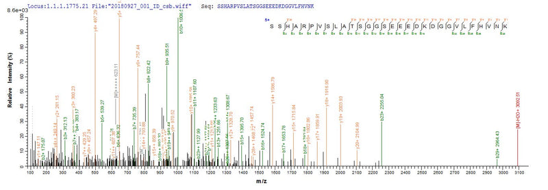 Based on the SEQUEST from database of E.coli host and target protein, the LC-MS/MS Analysis result of this product could indicate that this peptide derived from E.coli-expressed Homo sapiens (Human) VASH2.Recombinant Human Vasohibin-2 (VASH2) Protein (His-SUMO)