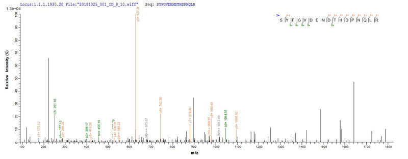 Based on the SEQUEST from database of E.coli host and target protein, the LC-MS/MS Analysis result of this product could indicate that this peptide derived from E.coli-expressed Vesicular stomatitis Indiana virus (strain 98COE North America) (VSIV) M.Recombinant Vesicular Stomatitis Indiana Virus Matrix Protein (M) Protein (His&Myc)
