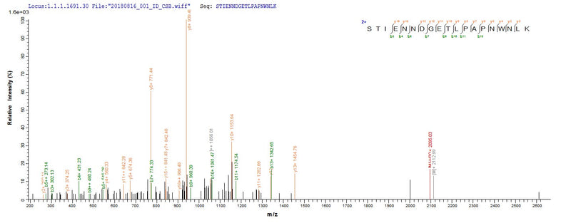 Based on the SEQUEST from database of E.coli host and target protein, the LC-MS/MS Analysis result of this product could indicate that this peptide derived from E.coli-expressed Homo sapiens (Human) FAM217A.