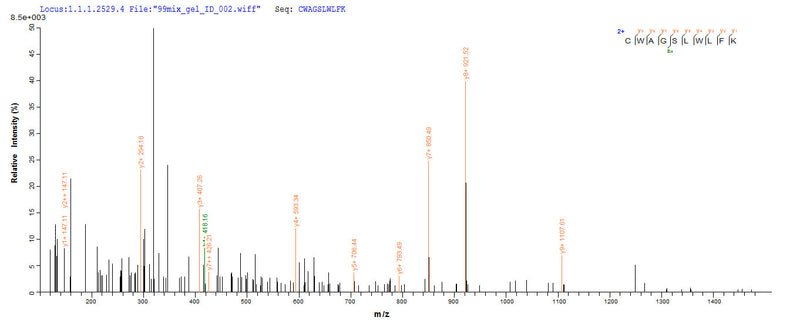 Based on the SEQUEST from database of E.coli host and target protein, the LC-MS/MS Analysis result of this product could indicate that this peptide derived from E.coli-expressed Homo sapiens (Human) WDR77.Recombinant Human Methylosome Protein 50 (WDR77) Protein (His-SUMO)