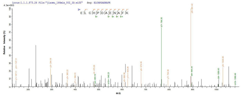 Based on the SEQUEST from database of E.coli host and target protein, the LC-MS/MS Analysis result of this product could indicate that this peptide derived from E.coli-expressed Mus musculus (Mouse) Tmem27.Recombinant Mouse Collectrin (CLTRN) Protein (His-SUMO&Myc)