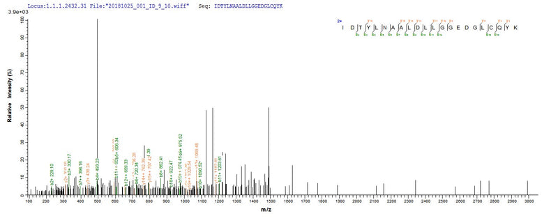 Based on the SEQUEST from database of E.coli host and target protein, the LC-MS/MS Analysis result of this product could indicate that this peptide derived from E.coli-expressed Mus musculus (Mouse) PLA2G12A.