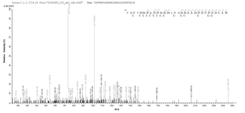 Based on the SEQUEST from database of E.coli host and target protein, the LC-MS/MS Analysis result of this product could indicate that this peptide derived from E.coli-expressed Homo sapiens (Human) DCAF16.Recombinant Human Ddb1- And Cul4-Associated Factor 16 (DCAF16) Protein (His&Myc)